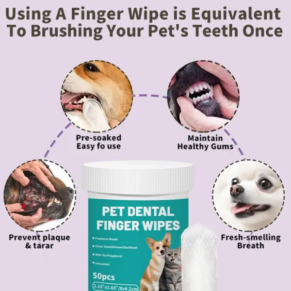 Pet Teeth Cleaning Finger Wipes 50-Pieces Pet Dog Teeth Brushing Wipes For Cleaning Bad Breath Remover Wipes For Outdoors