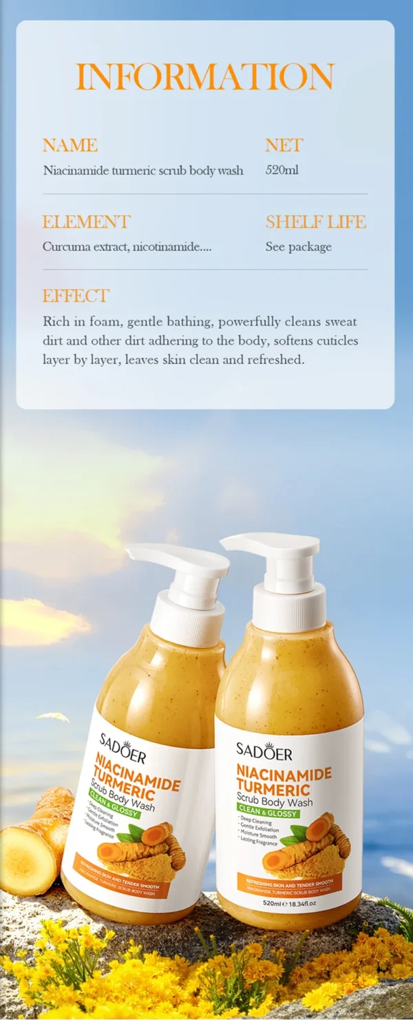 520ml Niacinamide Turmeric Scrub Body Wash:Brighten skin, Moisturizes, And Smooths Skin; Deeply Cleanses Body Wash.